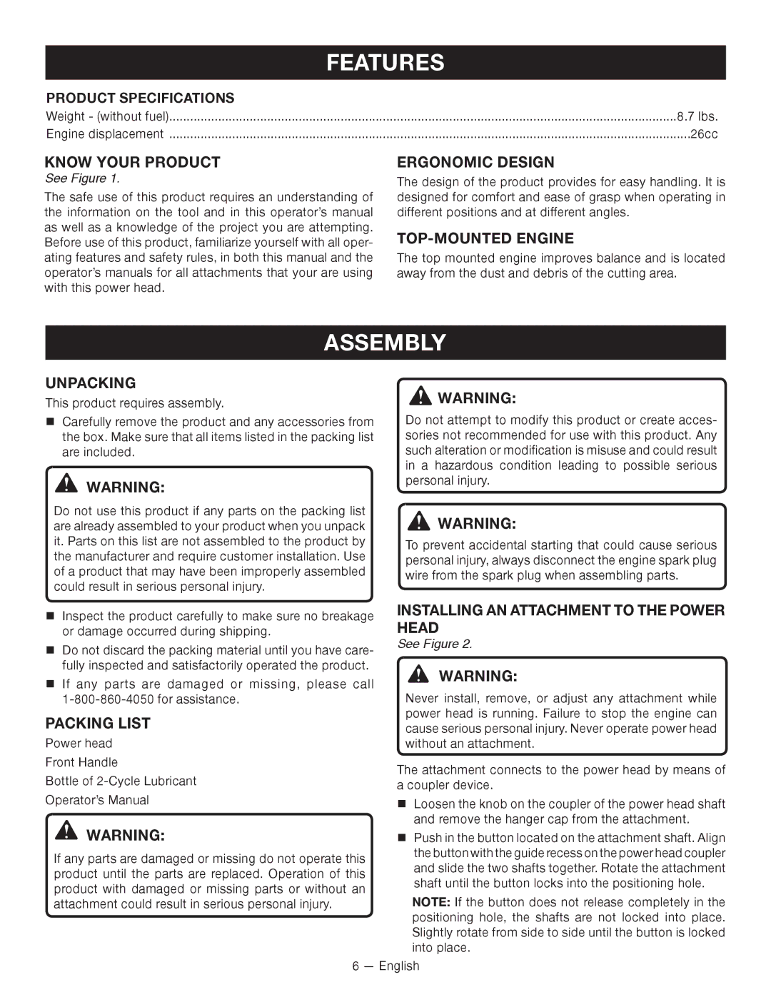 Ryobi RY28000 manuel dutilisation Features, Assembly 