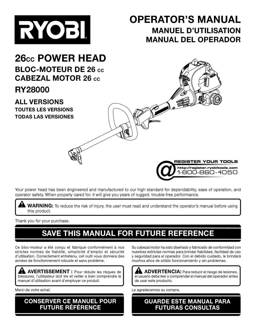 Ryobi RY28000 manuel dutilisation Save This Manual For Future Reference, All Versions, Operator’S Manual, 26CC POWER HEAD 