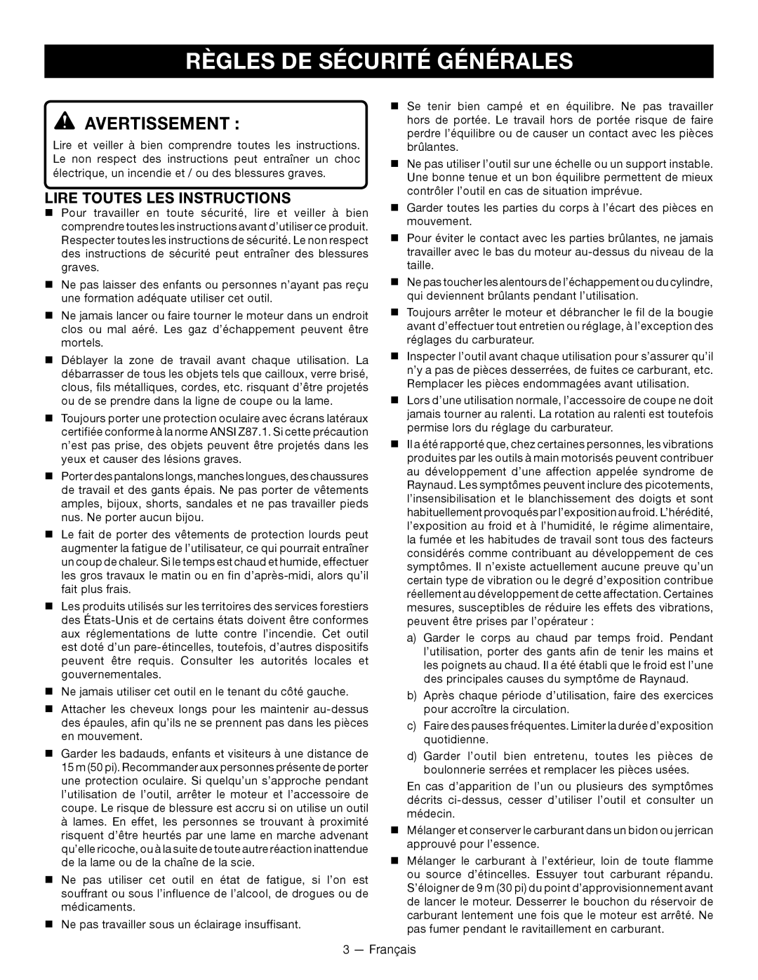 Ryobi RY28000 manuel dutilisation Règles De Sécurité Générales, Avertissement, Lire Toutes Les Instructions 