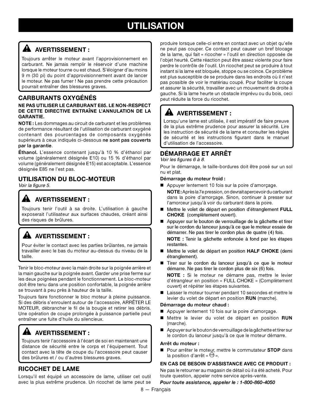 Ryobi RY28000 Carburants Oxygénés, Utilisation Du Bloc-Moteur, Ricochet De Lame, Démarrage Et Arrêt, Avertissement 