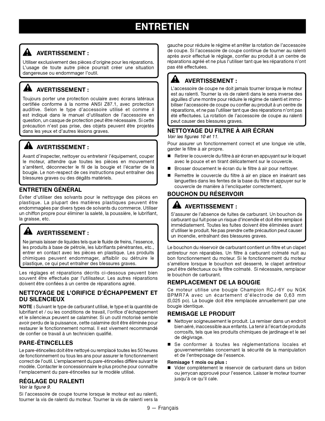 Ryobi RY28000 manuel dutilisation Entretien, Français 
