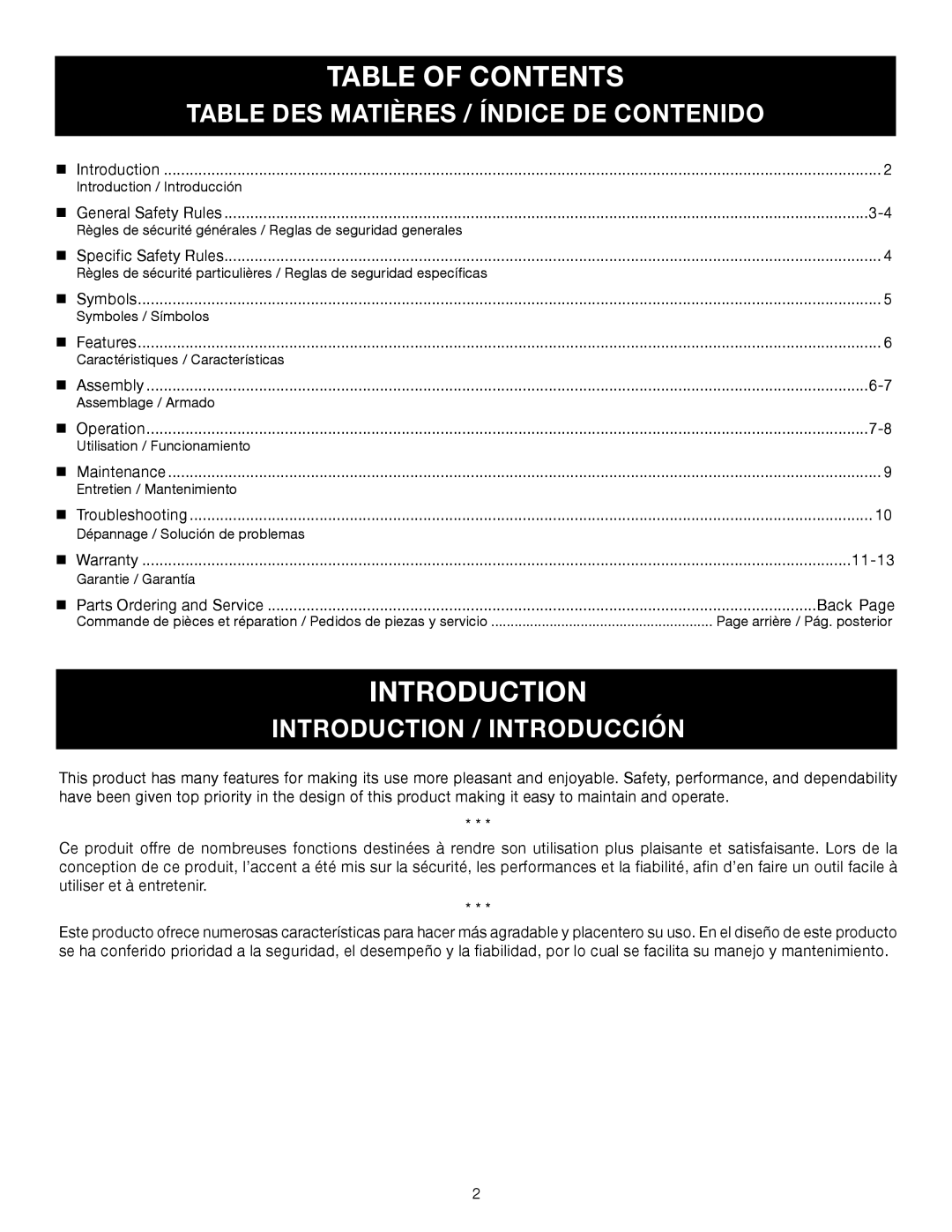 Ryobi RY28000 Table Of Contents, Table Des Matières / Índice De Contenido, Introduction / Introducción 