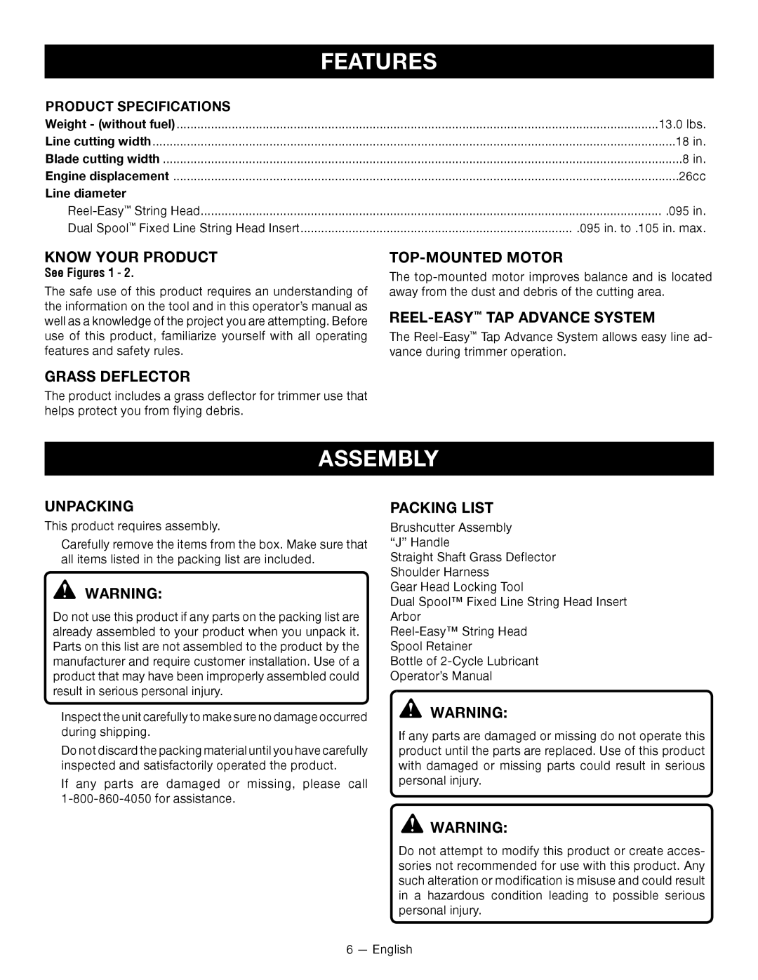 Ryobi RY28060 manuel dutilisation Features, Assembly 