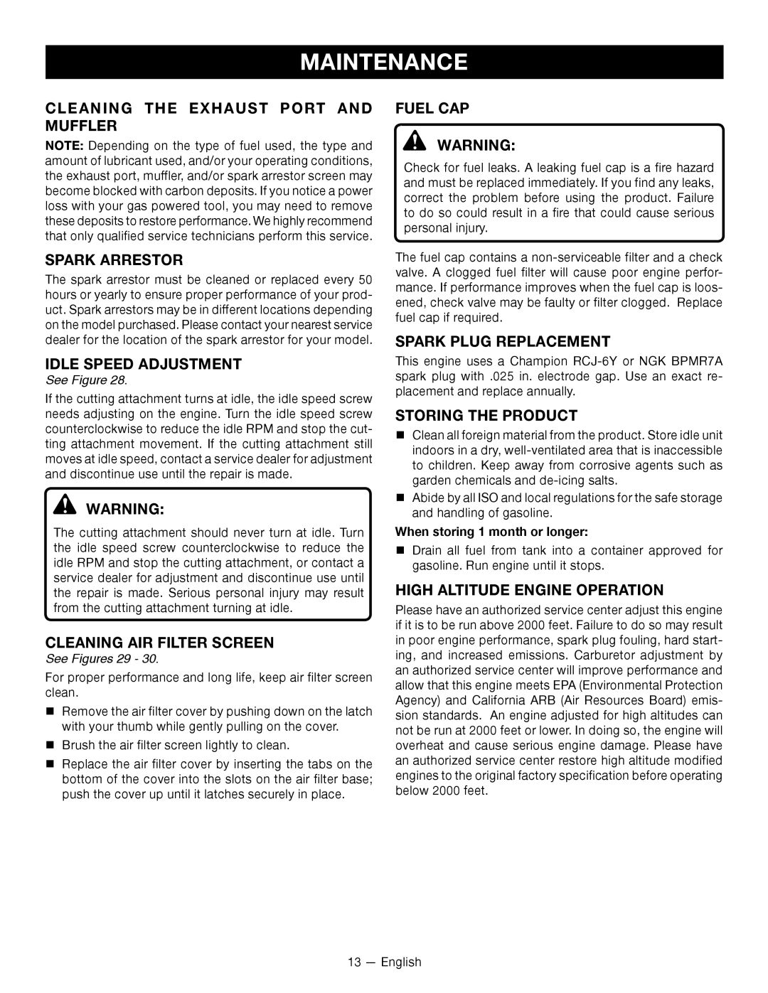 Ryobi RY28060 Cleaning the Exhaust Port and Muffler Spark Arrestor, Idle Speed Adjustment, Cleaning AIR Filter Screen 