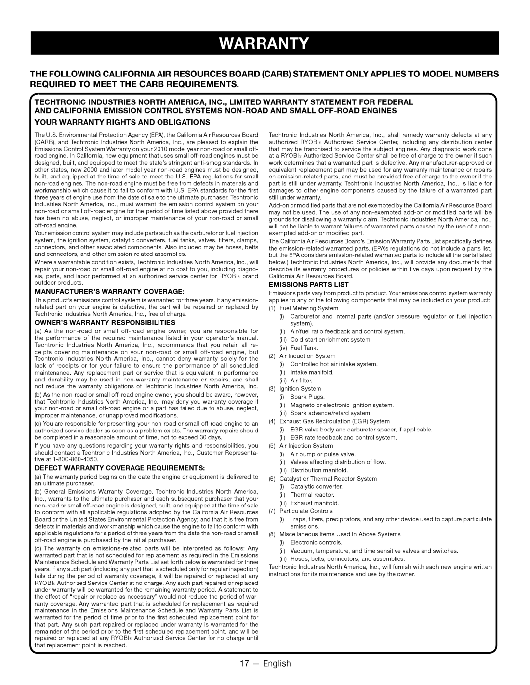 Ryobi RY28060 manuel dutilisation MANUFACTURER’S Warranty Coverage 