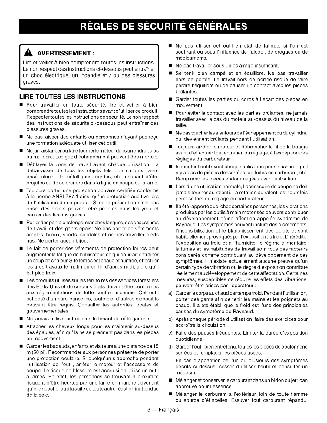 Ryobi RY28060 manuel dutilisation Règles DE Sécurité Générales, Avertissement, Lire Toutes LES Instructions 