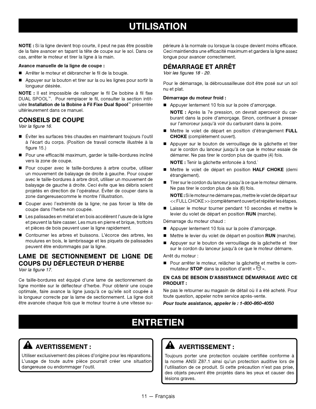 Ryobi RY28060 manuel dutilisation Entretien, Conseils DE Coupe, Démarrage ET Arrêt, Avertissement  