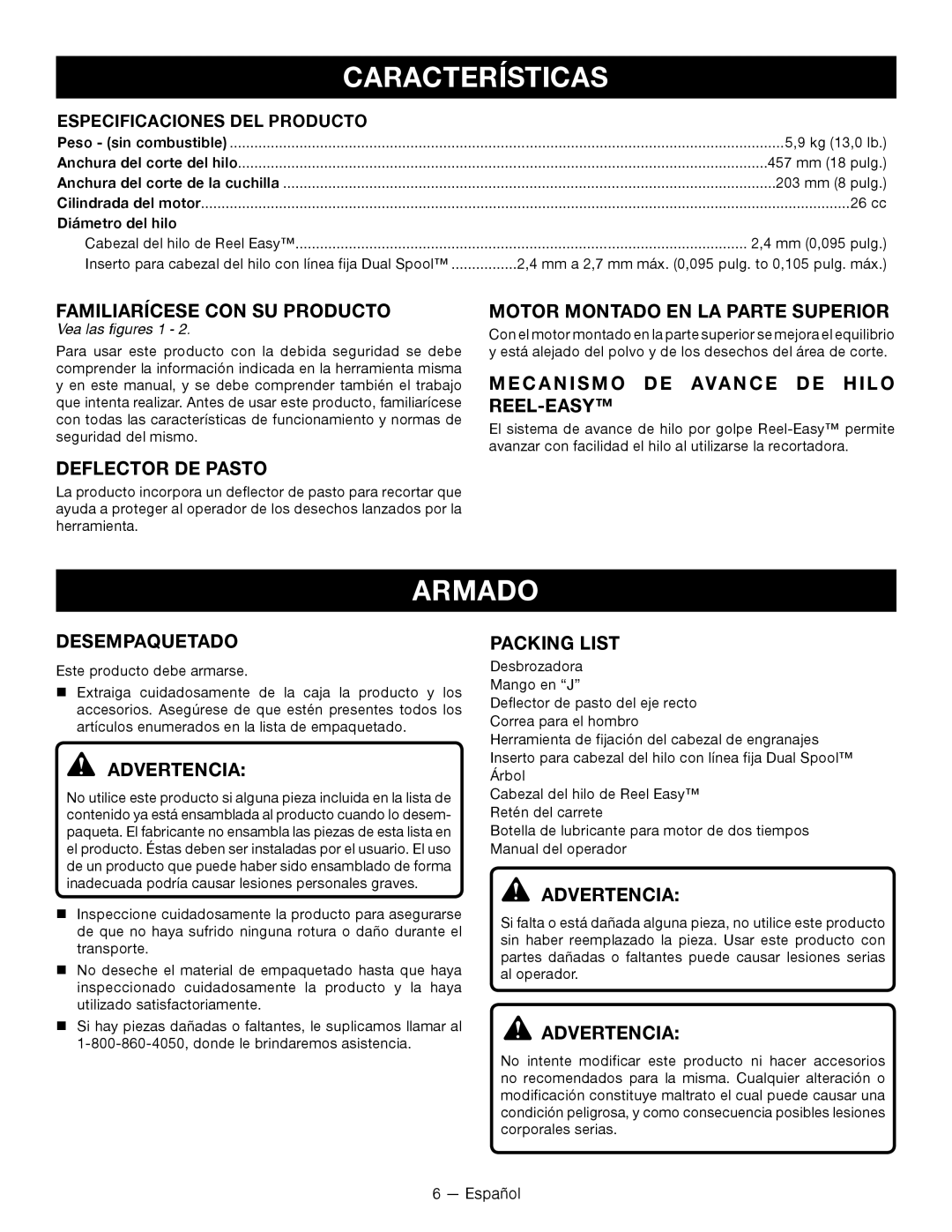 Ryobi RY28060 manuel dutilisation Características, Armado 