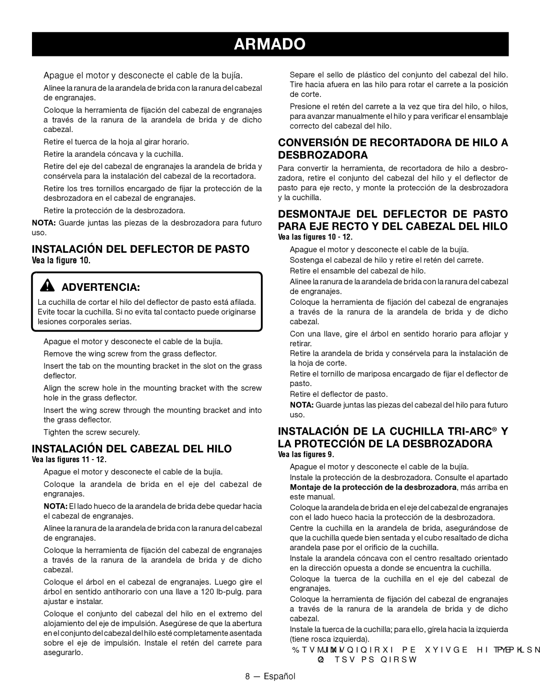 Ryobi RY28060 manuel dutilisation Instalación DEL Deflector DE Pasto, Instalación DEL Cabezal DEL Hilo 