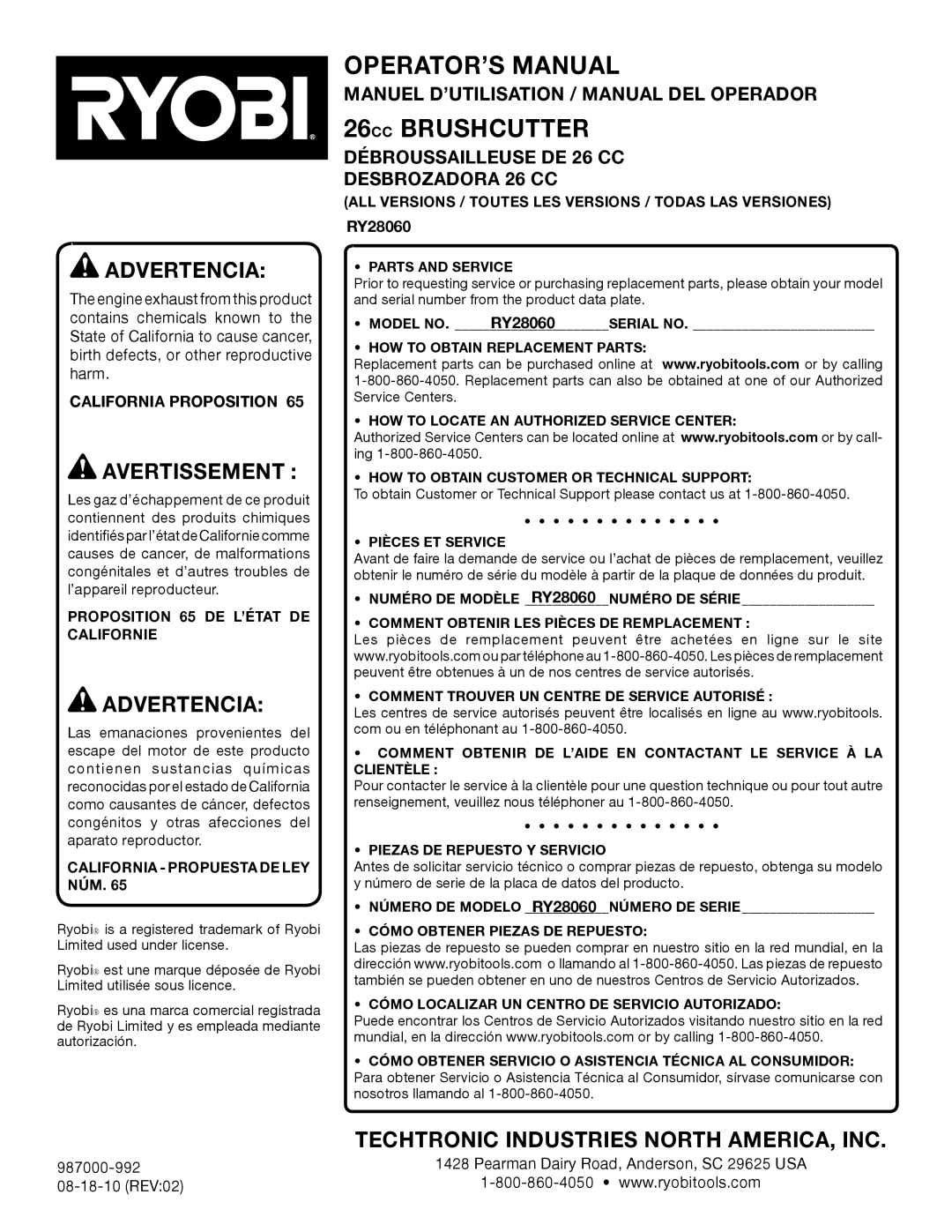 Ryobi RY28060 manuel dutilisation Manuel D’UTILISATION / Manual DEL Operador, Débroussailleuse DE 26 CC Desbrozadora 26 CC 