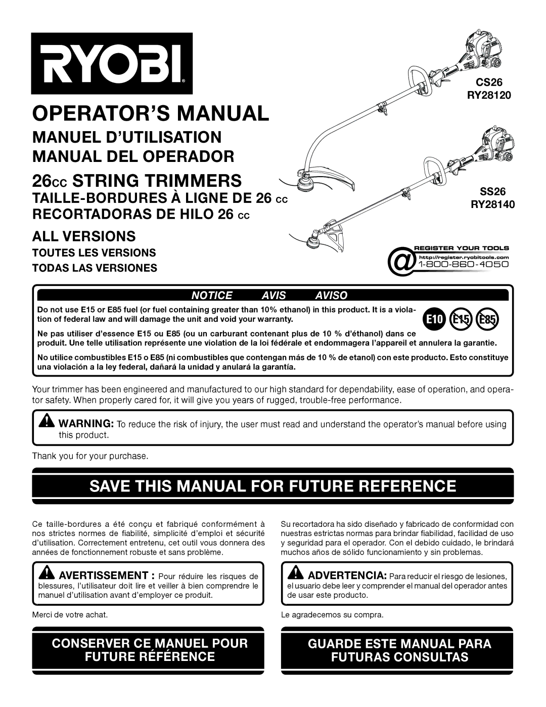 Ryobi RY28120, RY28140 manuel dutilisation Save this Manual for Future Reference, Toutes LES Versions Todas LAS Versiones 