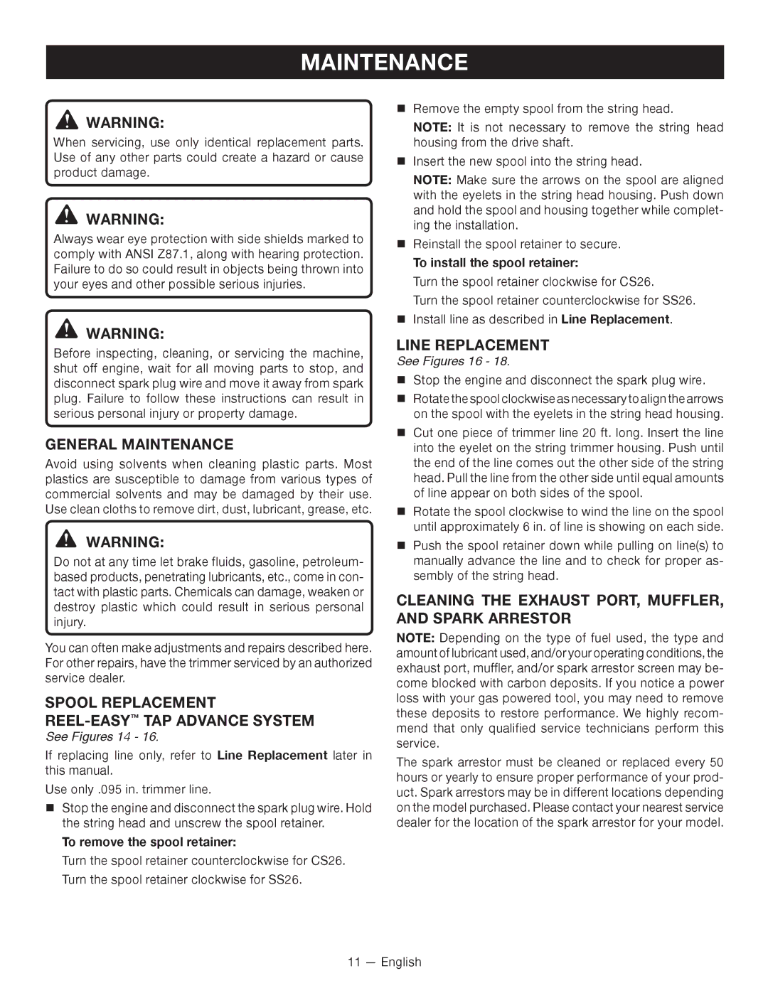 Ryobi RY28120, RY28140 General Maintenance, Spool Replacement REEL-EASYTAP ADVANCE­ System, Line Replacement 