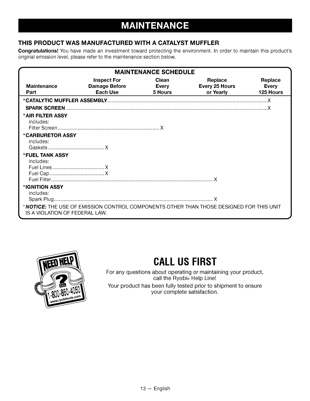 Ryobi RY28120 This Product WAS Manufactured with a Catalyst Muffler, Maintenance Schedule, AIR Filter Assy, Ignition Assy 