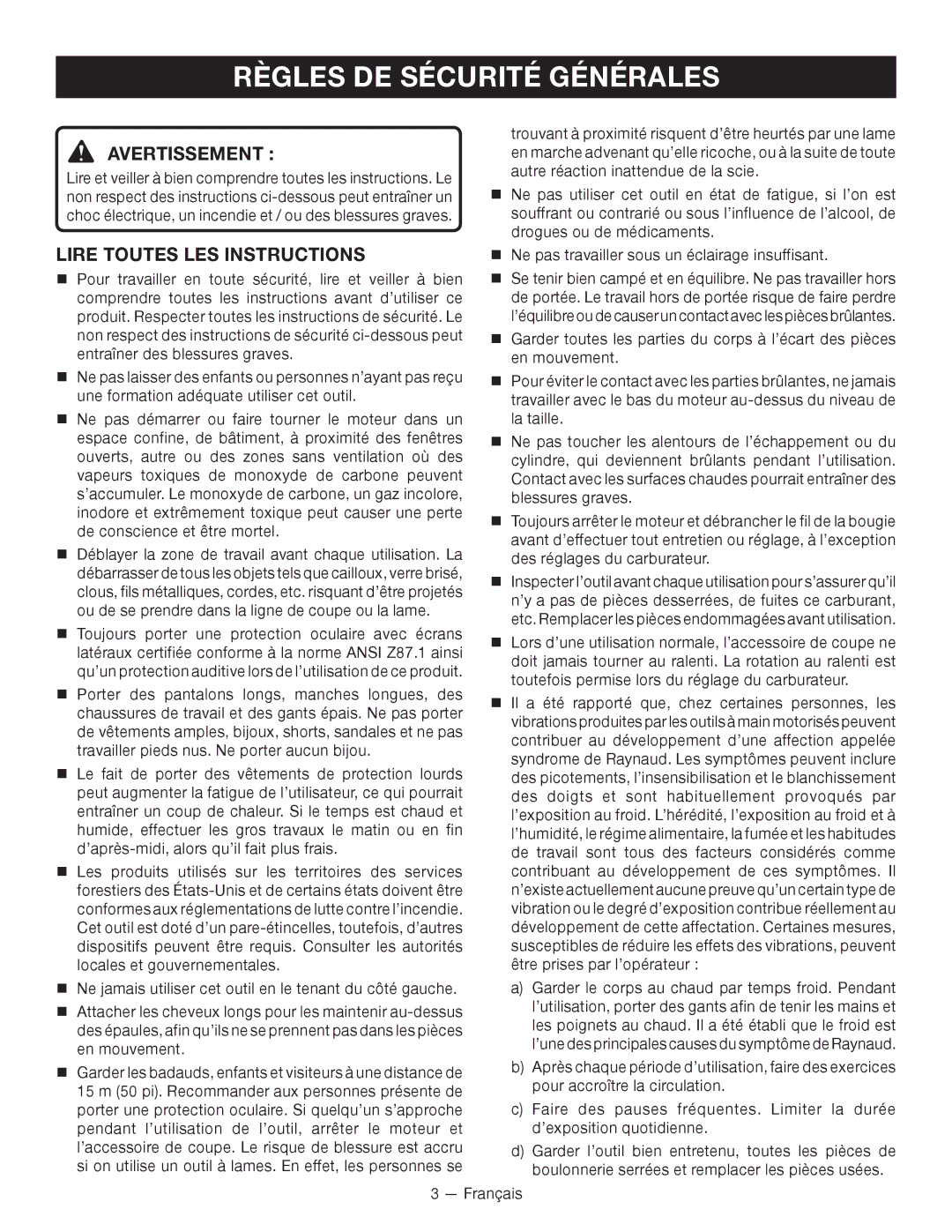 Ryobi RY28140, RY28120 manuel dutilisation Règles DE Sécurité Générales, Avertissement, Lire Toutes LES Instructions 