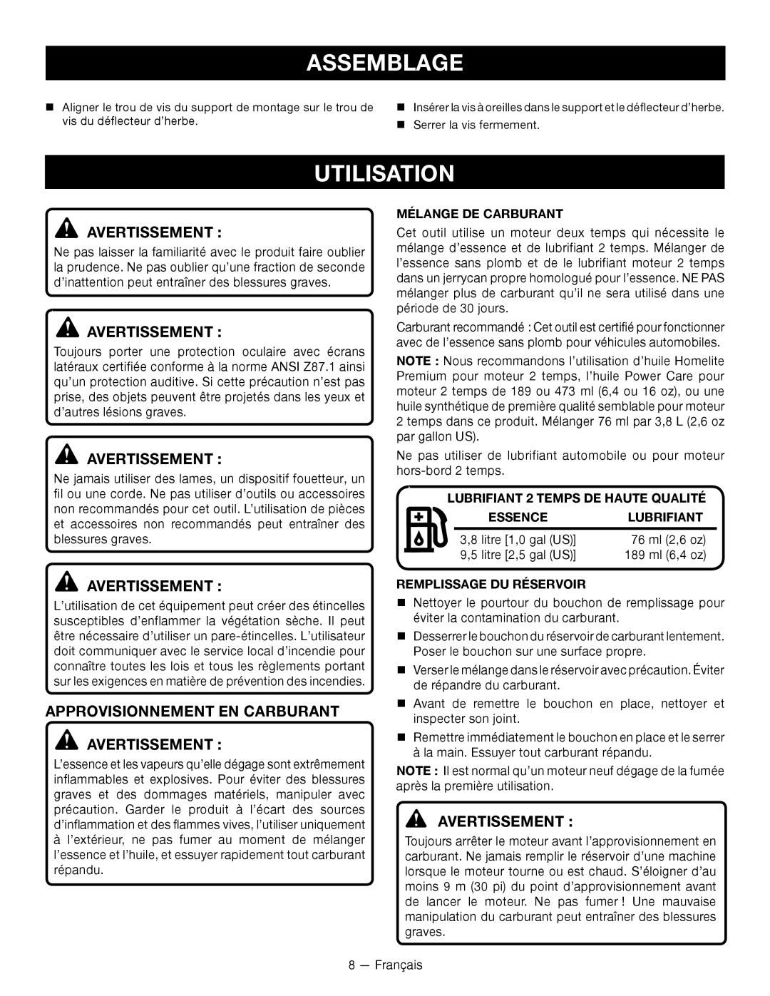 Ryobi RY28120 Utilisation, Approvisionnement EN Carburant Avertissement, Mélange DE Carburant, Remplissage DU Réservoir 