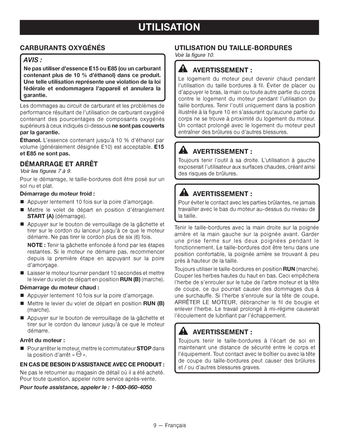 Ryobi RY28140, RY28120 Carburants Oxygénés, Démarrage ET Arrêt, Utilisation DU TAILLE-BORDURES, Voir les figures 7 à 