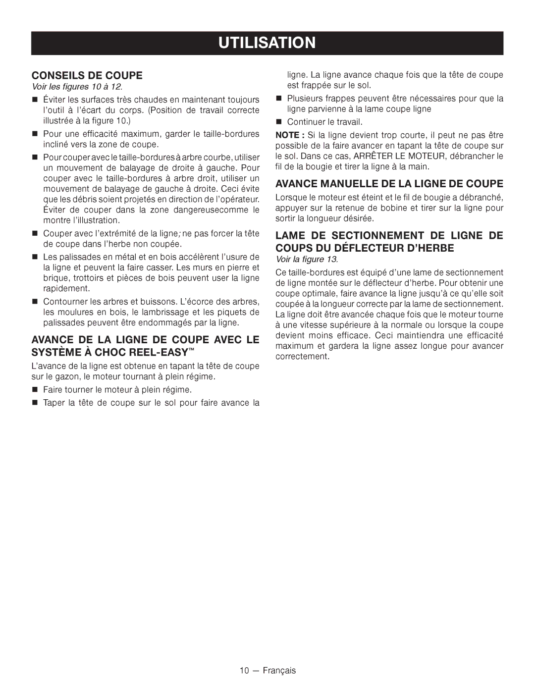 Ryobi RY28120, RY28140 manuel dutilisation Conseils DE Coupe, Avance Manuelle DE LA Ligne DE Coupe, Voir les figures 10 à 