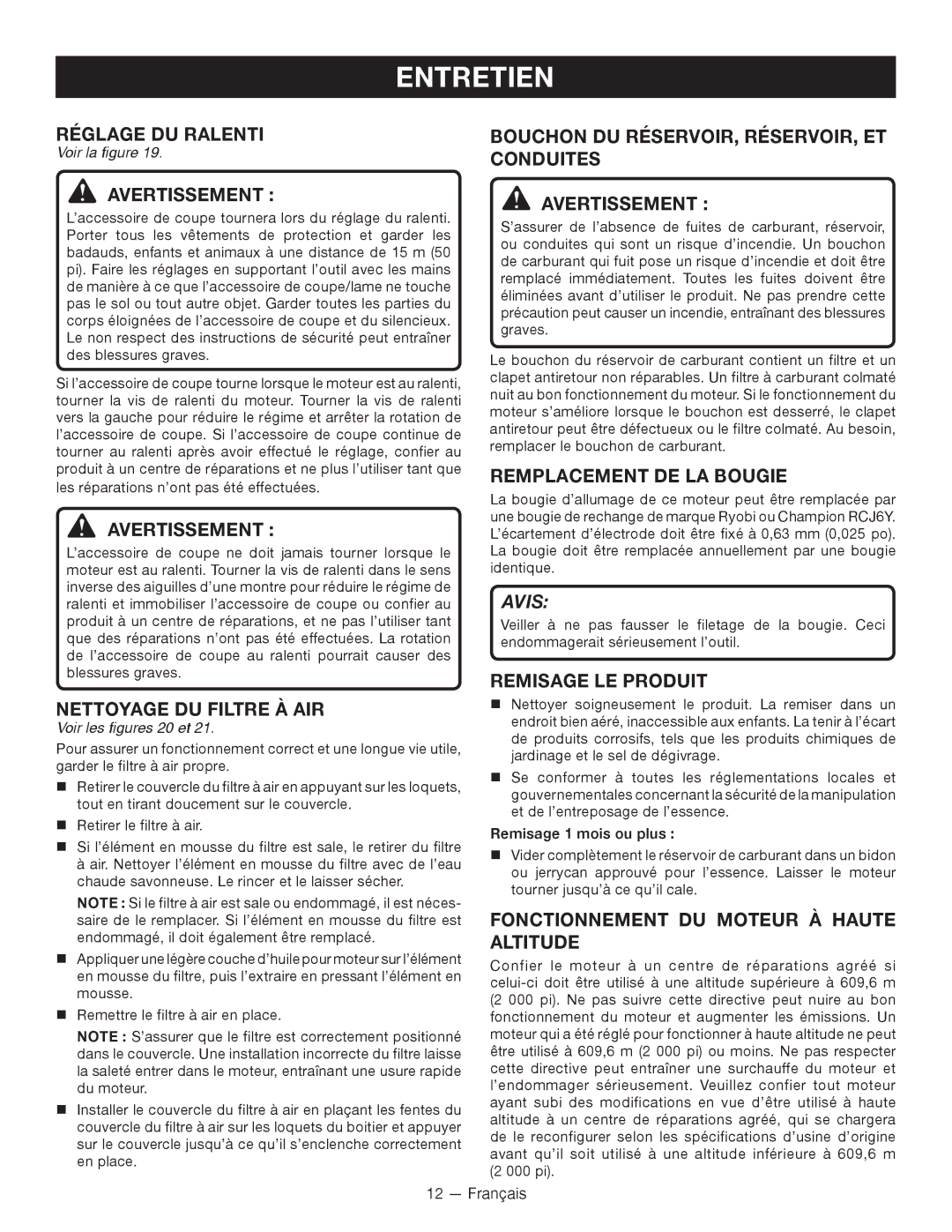 Ryobi RY28120, RY28140 Réglage DU Ralenti, Nettoyage DU Filtre À AIR, Remplacement DE LA Bougie, Remisage LE Produit 