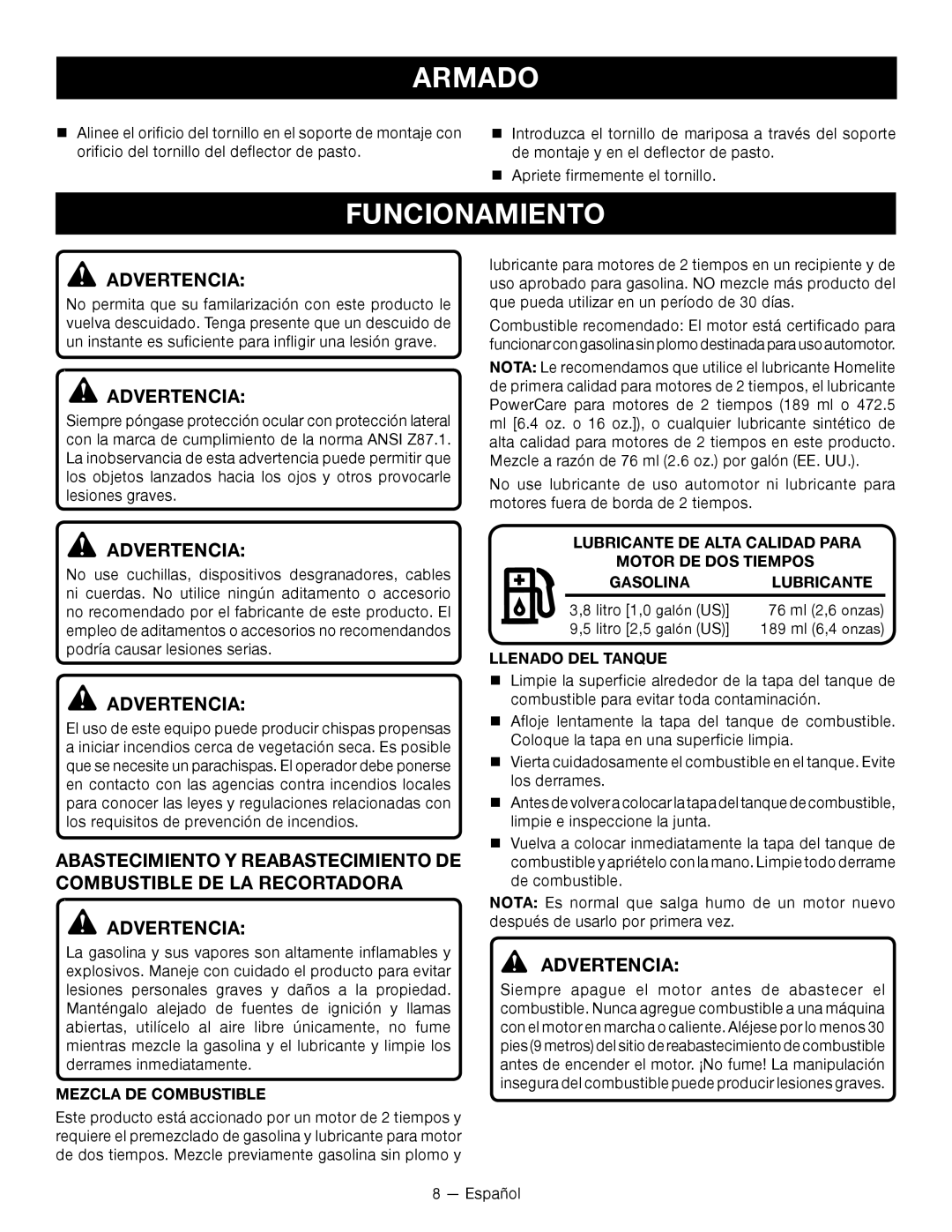 Ryobi RY28140, RY28120 manuel dutilisation Funcionamiento, Mezcla DE Combustible, Llenado DEL Tanque 