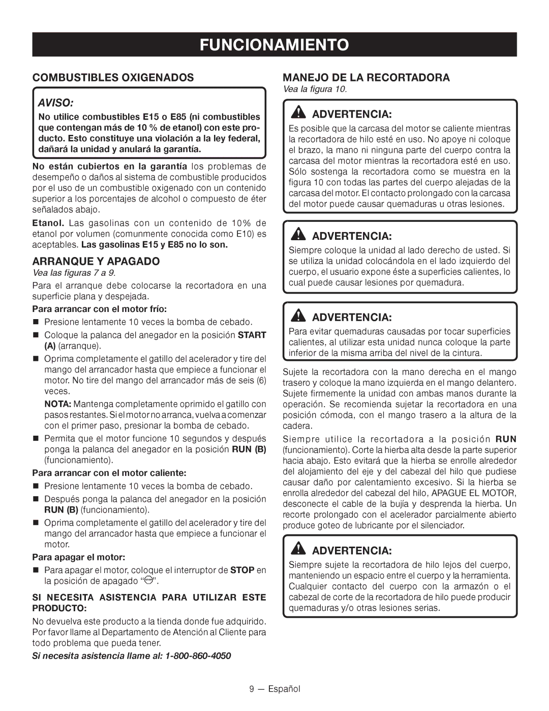 Ryobi RY28120, RY28140 Combustibles Oxigenados, Arranque Y Apagado, Manejo DE LA Recortadora, Vea las figuras 7 a 