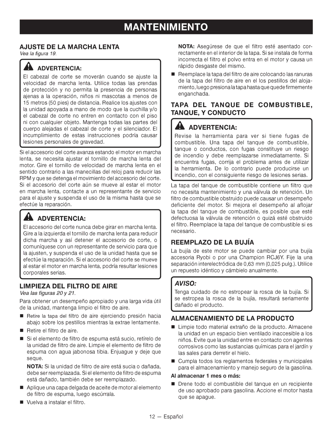 Ryobi RY28140 Ajuste DE LA Marcha Lenta, Reemplazo DE LA Bujía, Limpieza DEL Filtro DE Aire, Almacenamiento DE LA Producto 