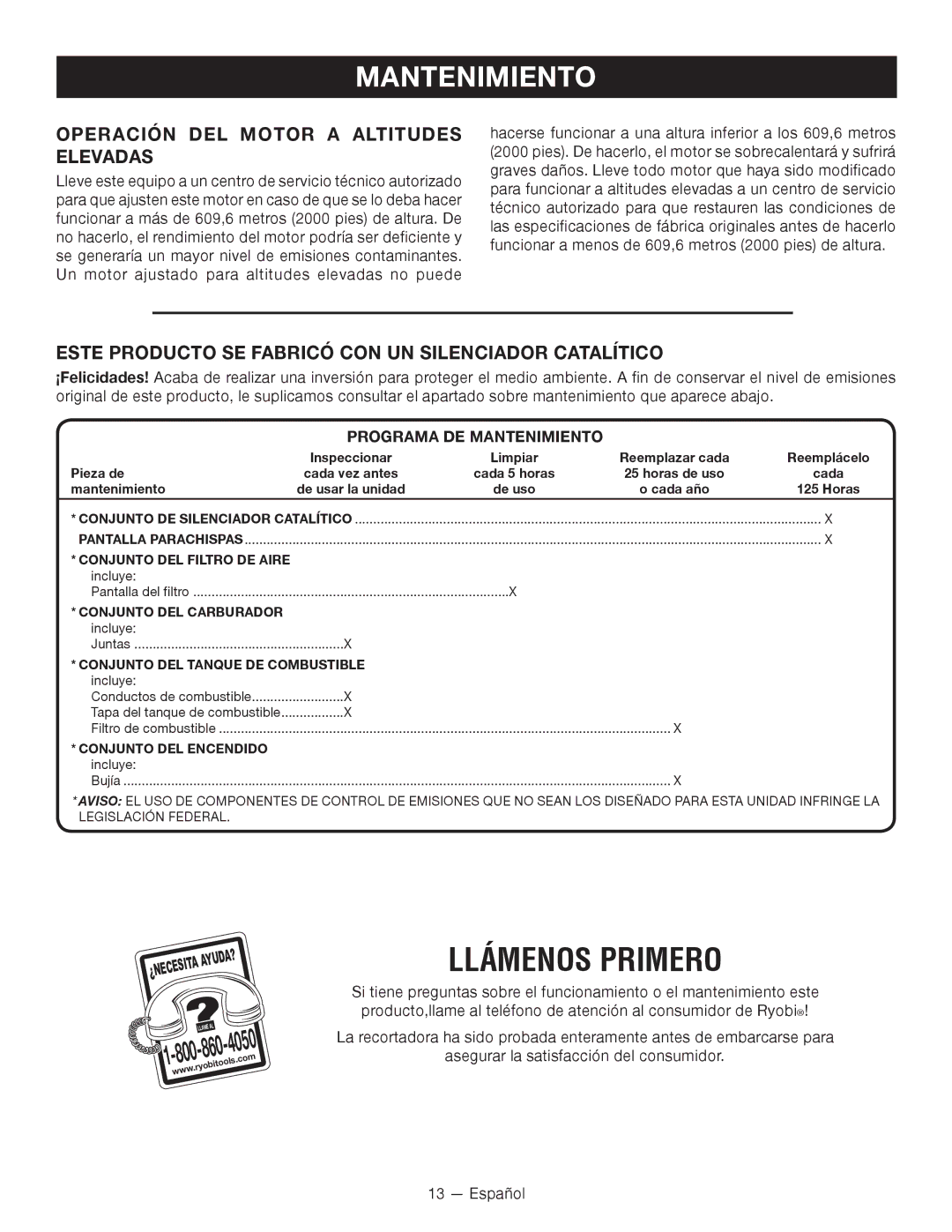 Ryobi RY28120 Operación DEL Motor a Altitudes Elevadas, Este Producto SE Fabricó CON UN Silenciador Catalítico, 4050 
