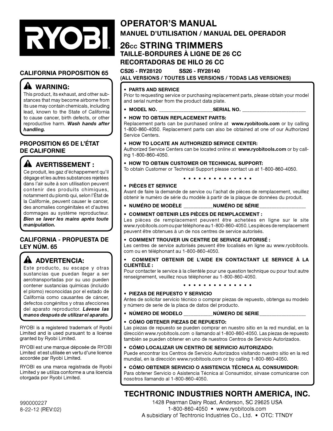 Ryobi manuel dutilisation Manuel D’UTILISATION / Manual DEL Operador, CS26 RY28120 SS26 RY28140 