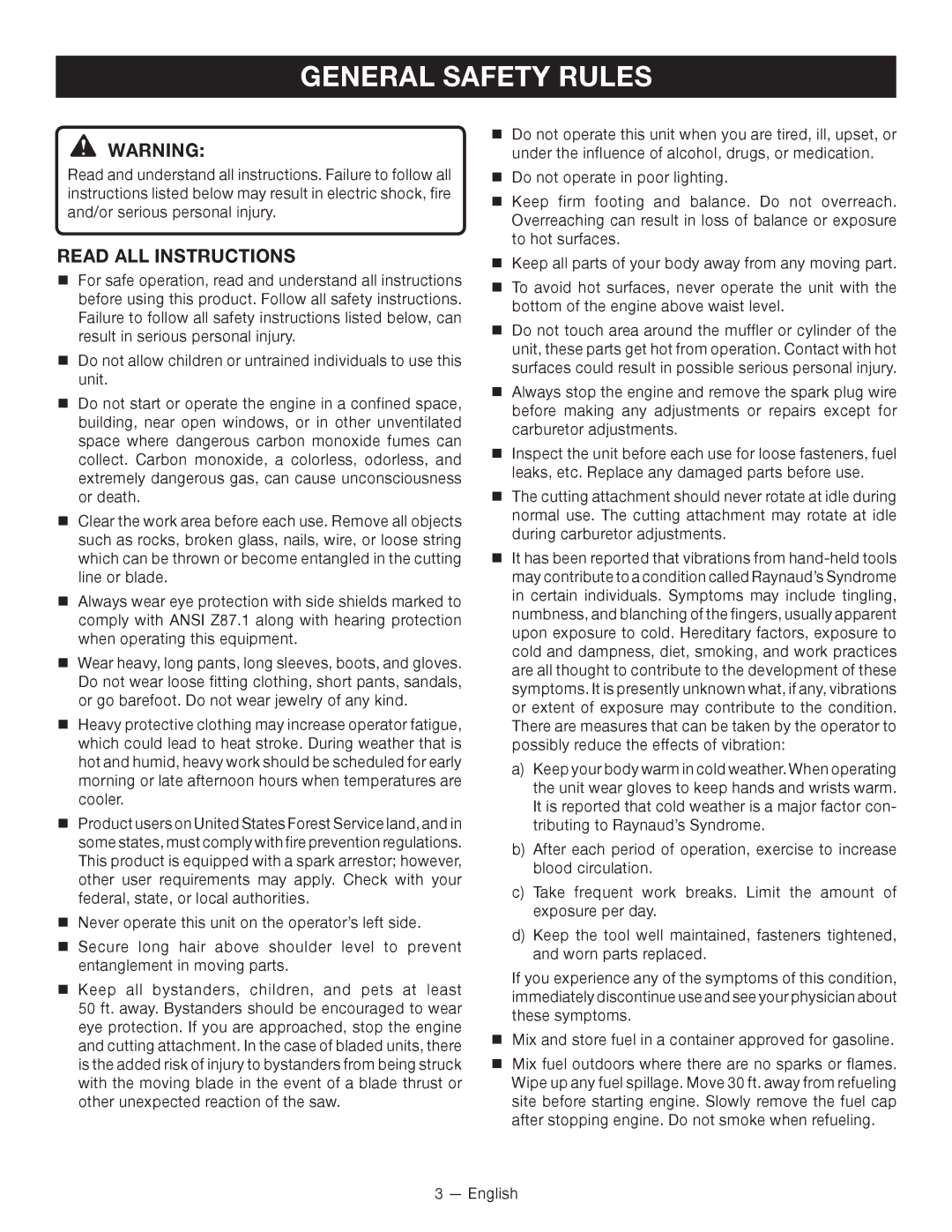 Ryobi RY28120, RY28140 manuel dutilisation General Safety Rules, Read ALL Instructions 