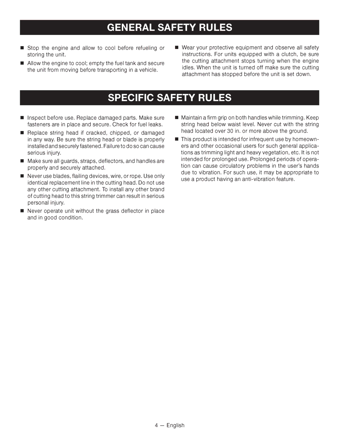 Ryobi RY28140, RY28120 manuel dutilisation Specific Safety Rules 