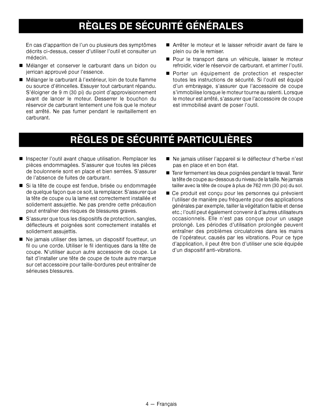 Ryobi RY28120, RY28140 manuel dutilisation Règles De Sécurité Particulières, Règles De Sécurité Générales, Français 