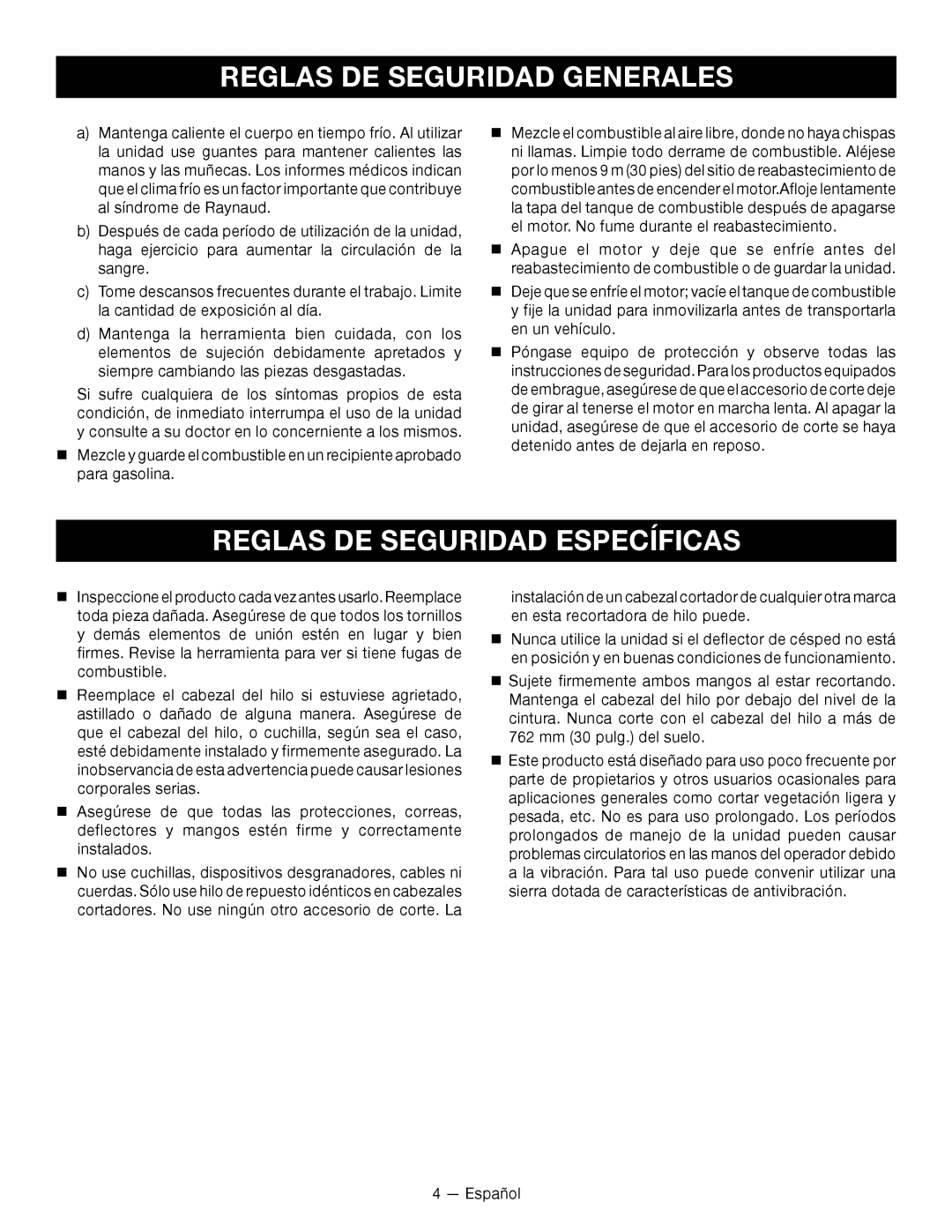 Ryobi RY28140, RY28120 manuel dutilisation Reglas De Seguridad Específicas, Reglas De Seguridad Generales, Español 