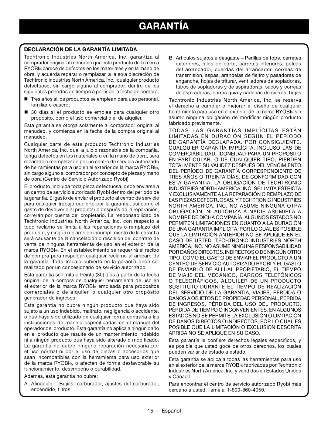 Ryobi RY28120, RY28140 manuel dutilisation Declaración De La Garantía Limitada 