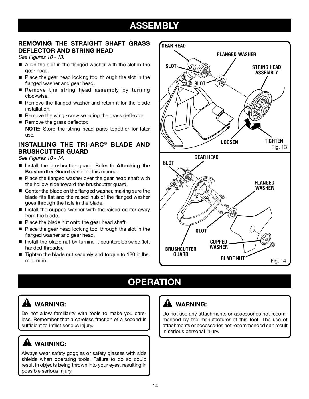 Ryobi RY30943 manual Operation, Removing the Straight Shaft Grass Deflector and String Head, Gear Head Flanged Washer Slot 