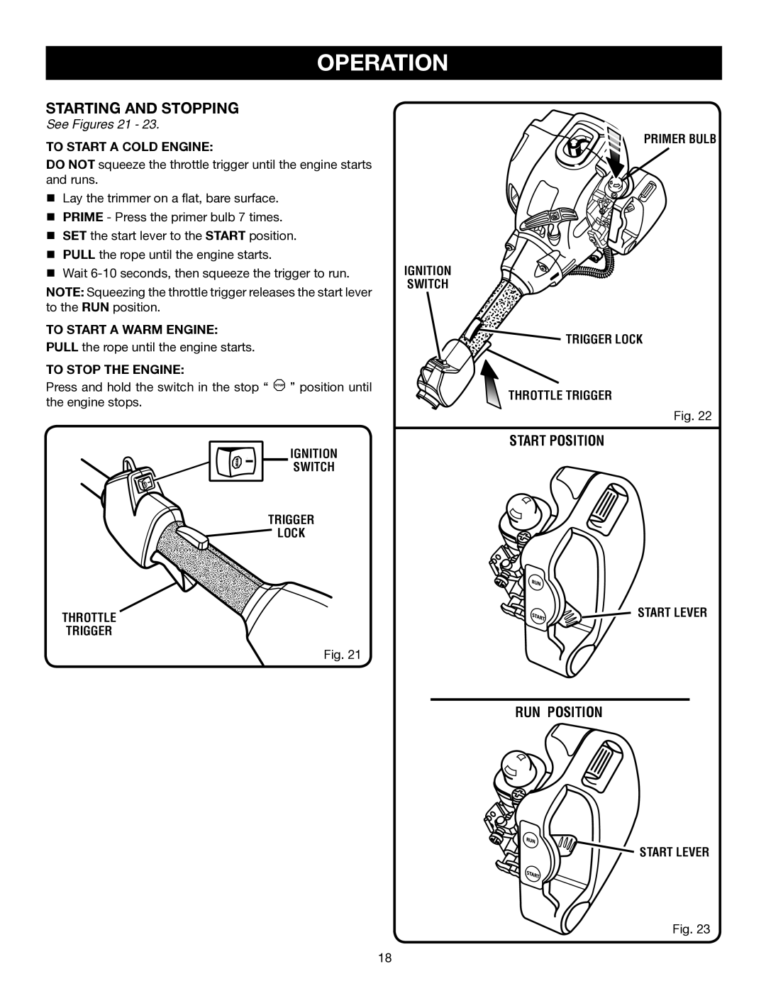 Ryobi RY30943, RY30542 manual Starting and Stopping, See Figures 21, To Start a Cold Engine, To Stop the Engine, Start Lever 