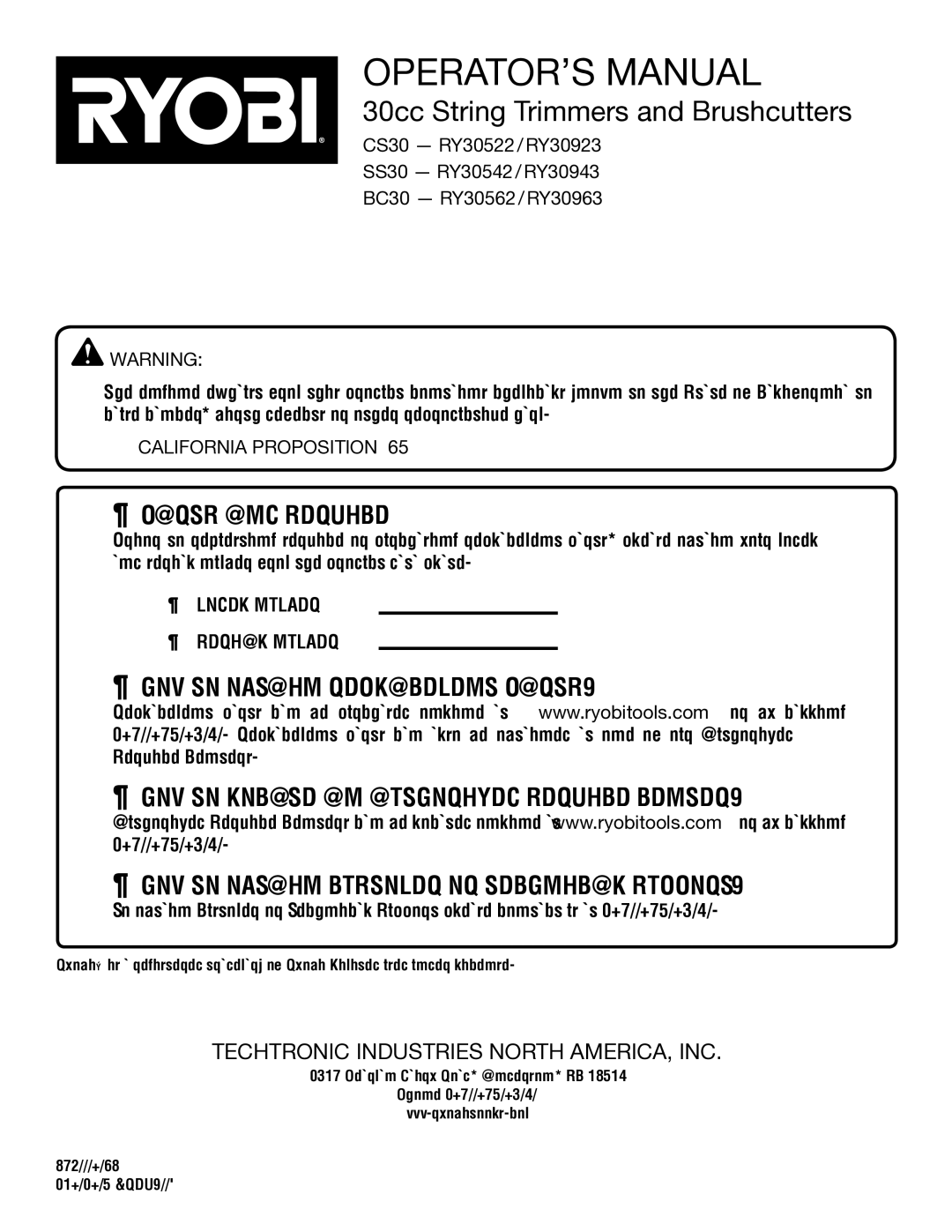 Ryobi RY30943, RY30542, RY30923, RY30963 manual Parts and Service, California Proposition 