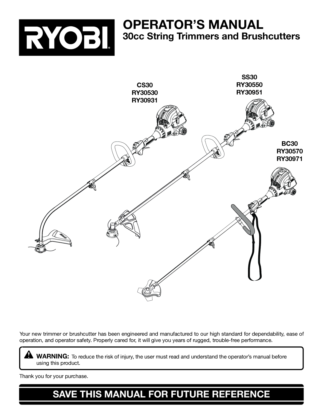 Ryobi RY30931, RY30951 manual Save this Manual for Future Reference, BC30 RY30570 RY30971 