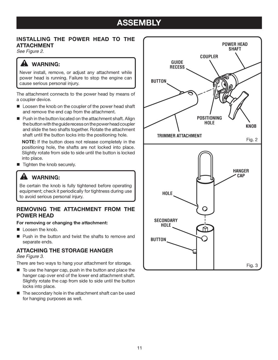 Ryobi RY30971 manual InstallING the Power Head to the Attachment, Removing the attachment from the power head, See Figure 