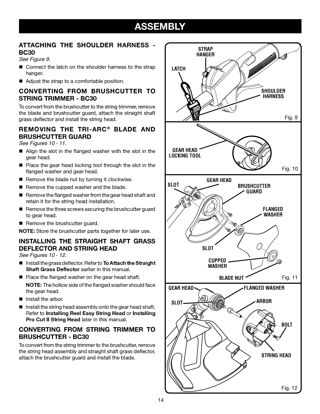 Ryobi RY30951 Attaching the Shoulder harness BC30, Converting from Brushcutter to string trimmer BC30, See Figures 10 