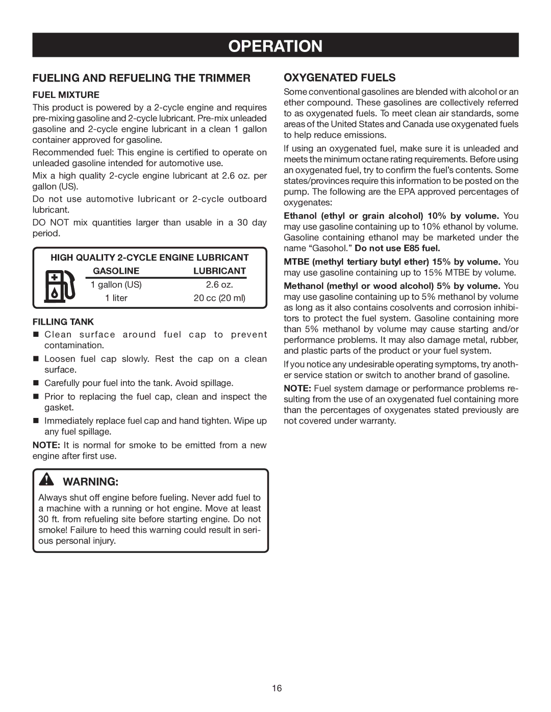 Ryobi RY30570, RY30931, RY30951, RY30971 Fueling and Refueling the trimmer, Oxygenated Fuels, Fuel Mixture, Filling Tank 