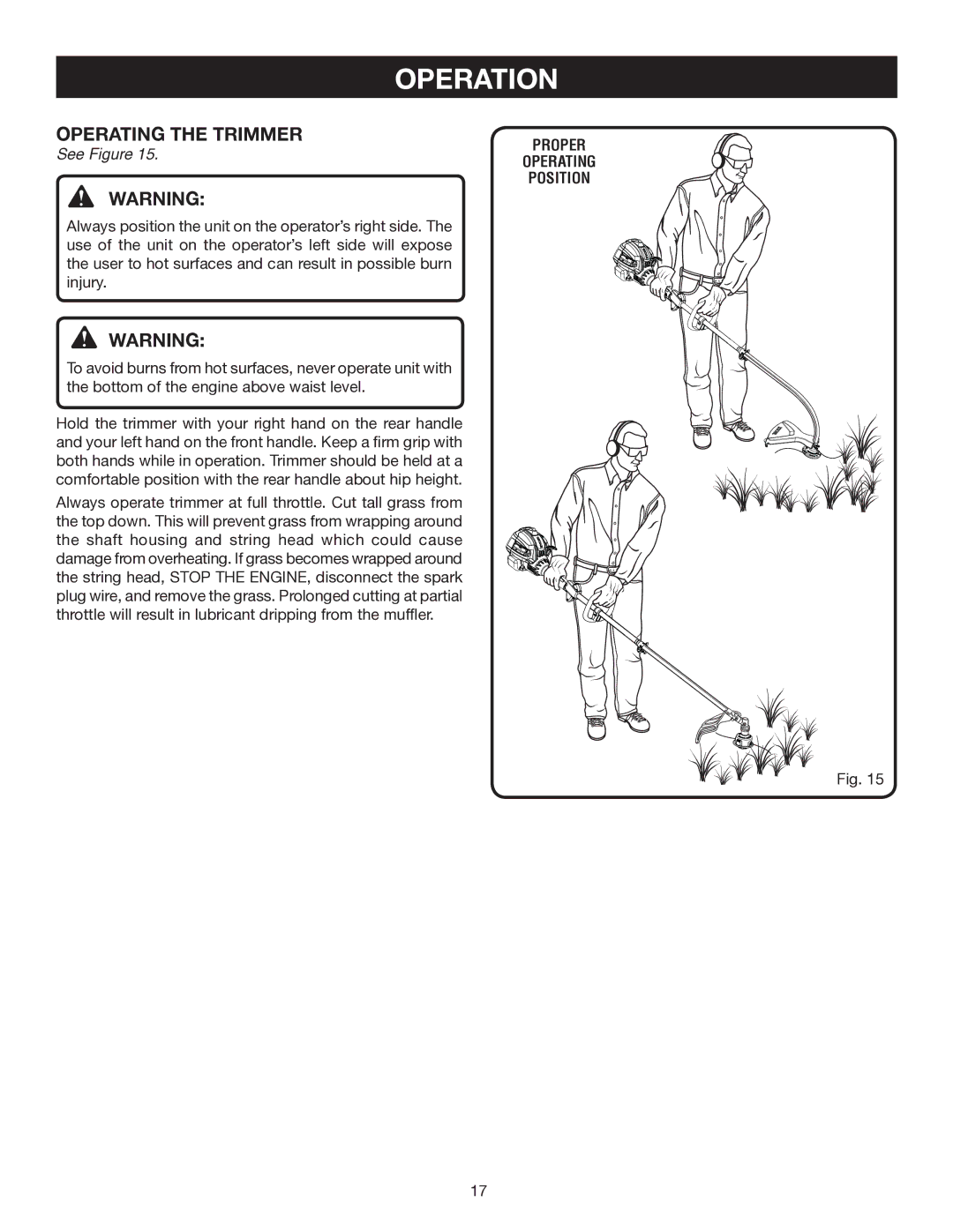 Ryobi RY30931, RY30570, RY30951, RY30971 manual Operating the Trimmer, Proper, Position 