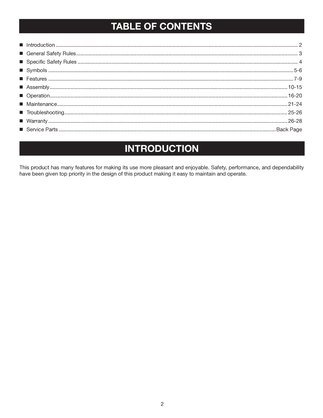 Ryobi RY30951, RY30570, RY30931, RY30971 manual Introduction, Table of Contents 