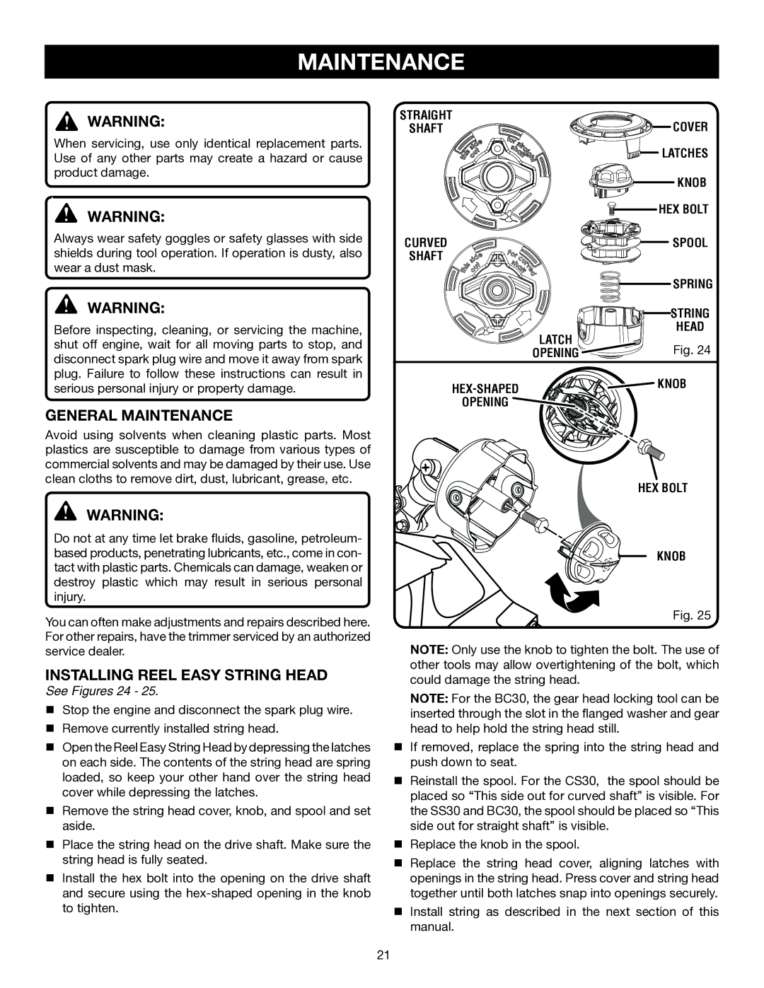 Ryobi RY30931, RY30570, RY30951, RY30971 General Maintenance, Installing reEl easy string head, See Figures 24, Spring 