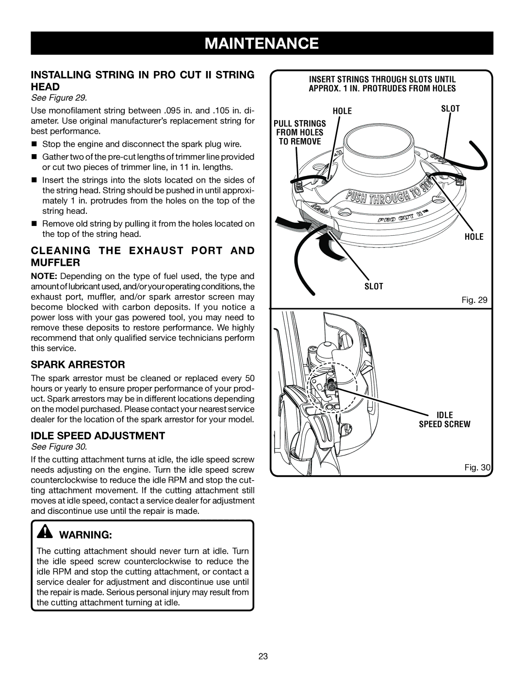 Ryobi RY30971, RY30570 Installing string in pro cut II string head, Cleaning the Exhaust Port and Muffler Spark Arrestor 