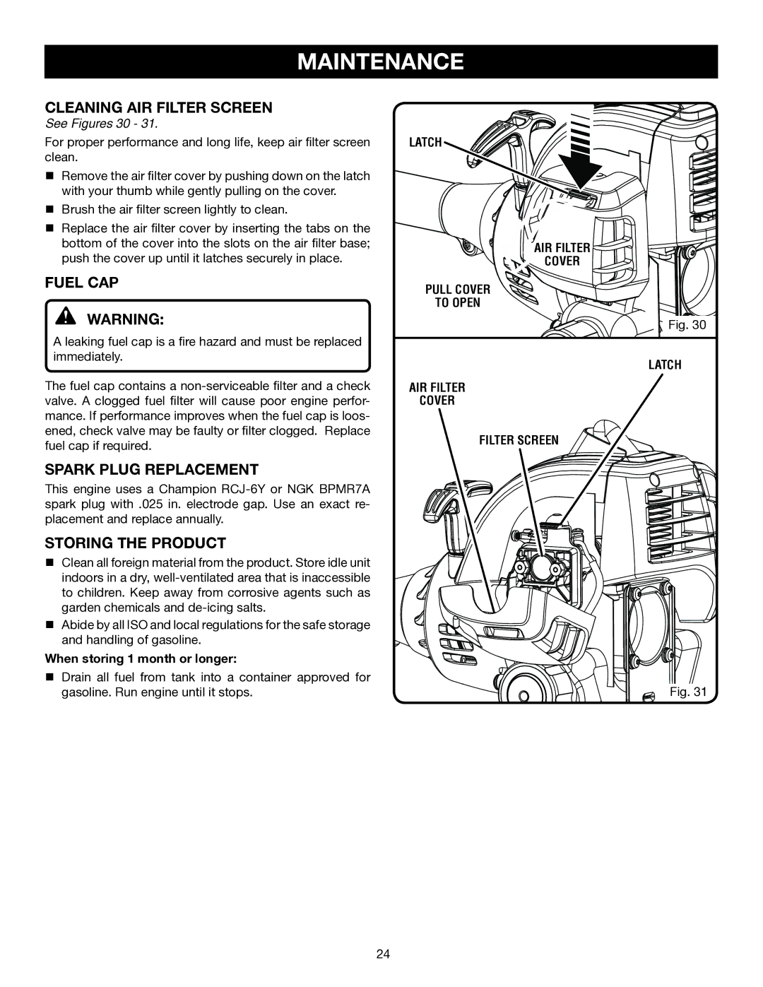 Ryobi RY30570, RY30931, RY30951, RY30971 manual Fuel CAP, Spark Plug replacement, Storing the Product, Cover 