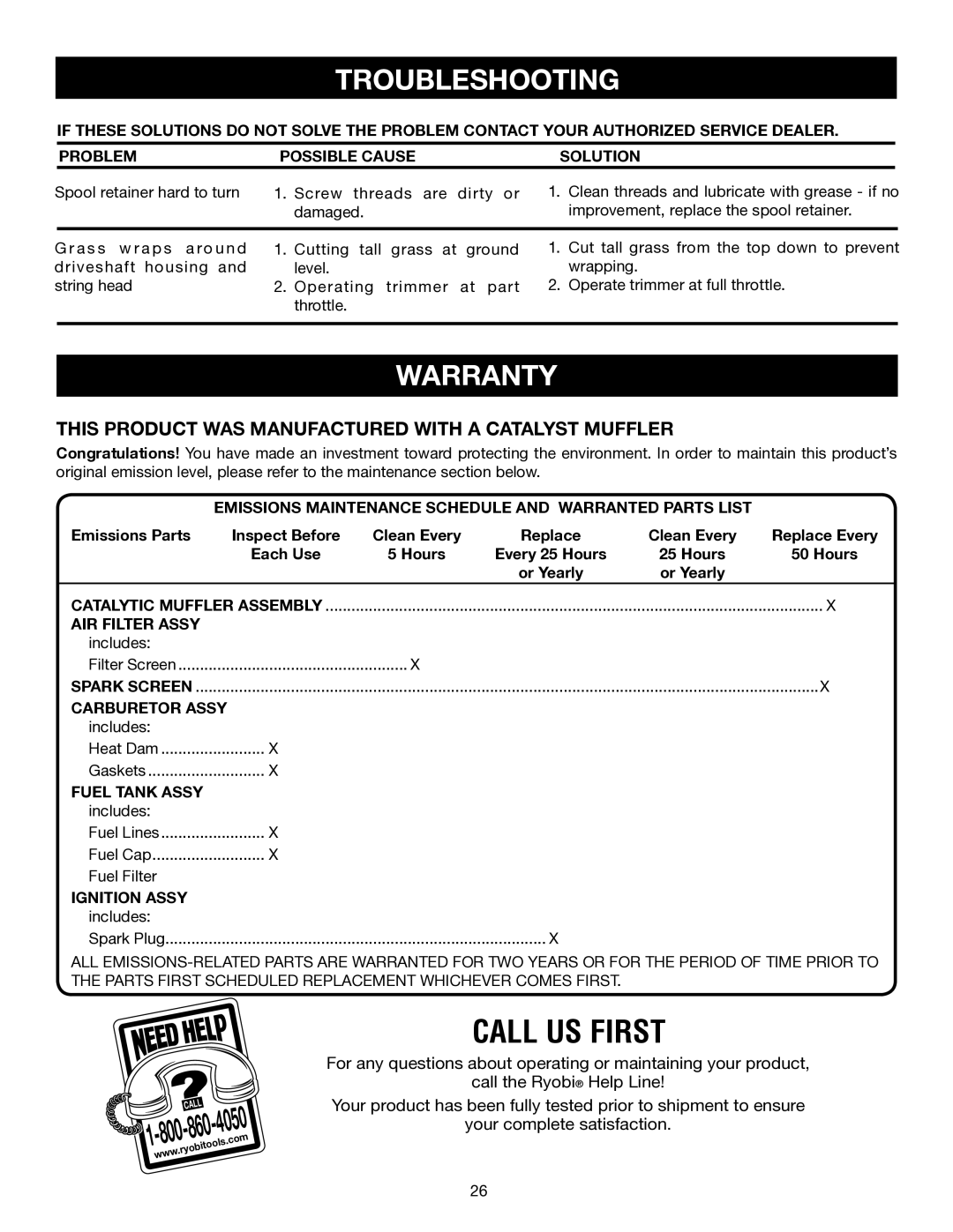 Ryobi RY30951, RY30570, RY30931, RY30971 manual Warranty, This product was manufactured with a catalyst muffler 