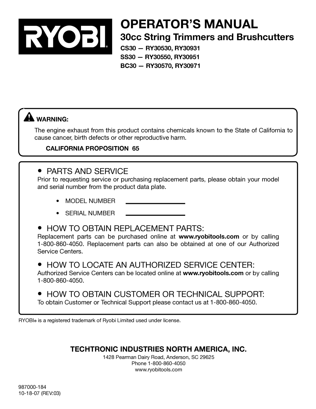 Ryobi RY30951, RY30570, RY30931, RY30971 manual Parts and Service, California Proposition 