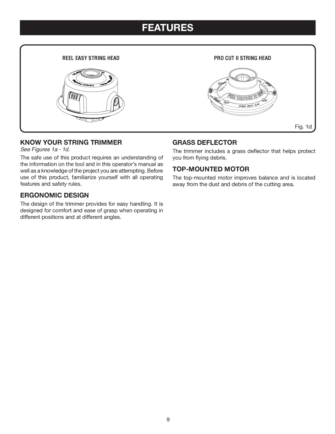 Ryobi RY30931, RY30570 Know Your String Trimmer, Ergonomic Design, Grass Deflector, TOP-MOUNTED Motor, See Figures 1a 1d 