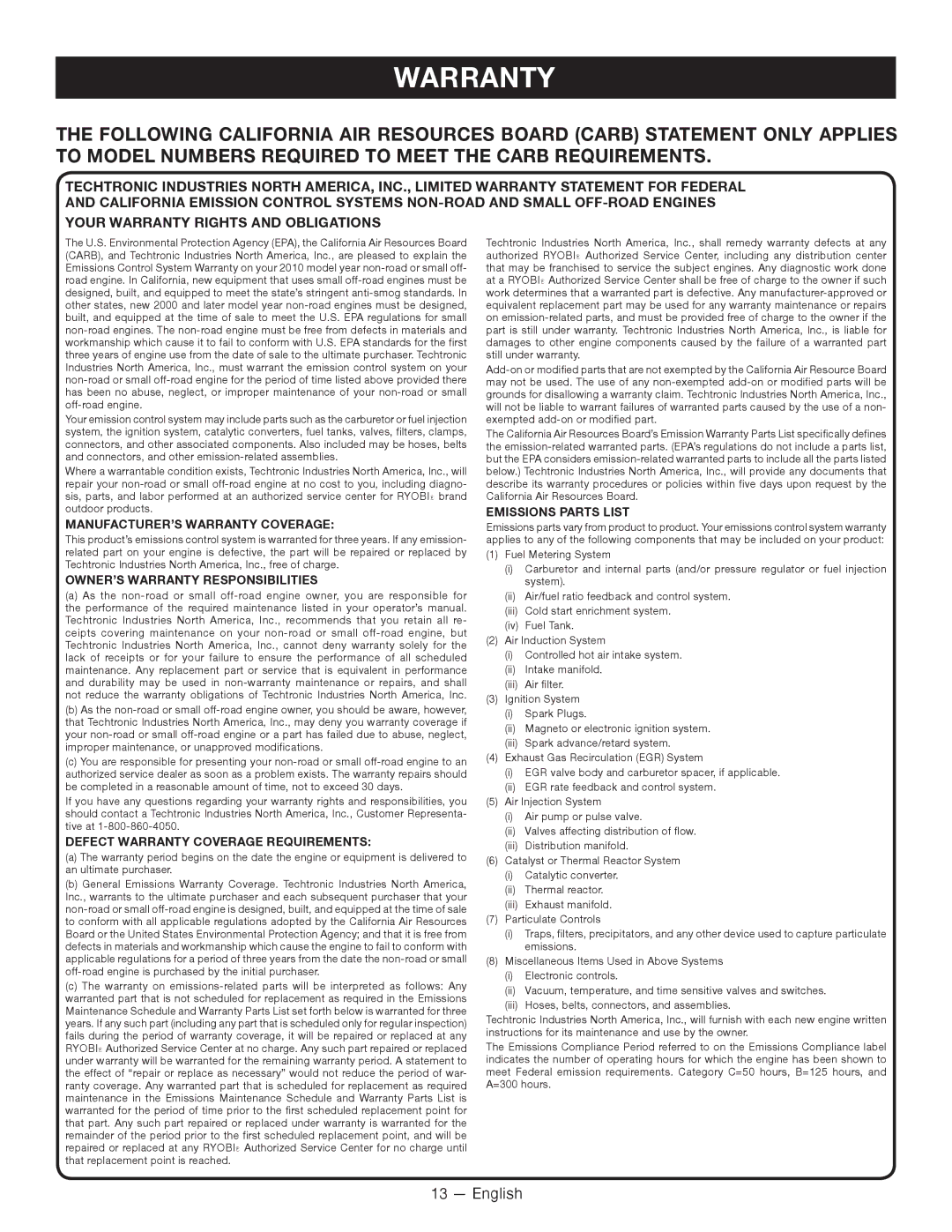 Ryobi RY34000 manuel dutilisation MANUFACTURER’S Warranty Coverage 