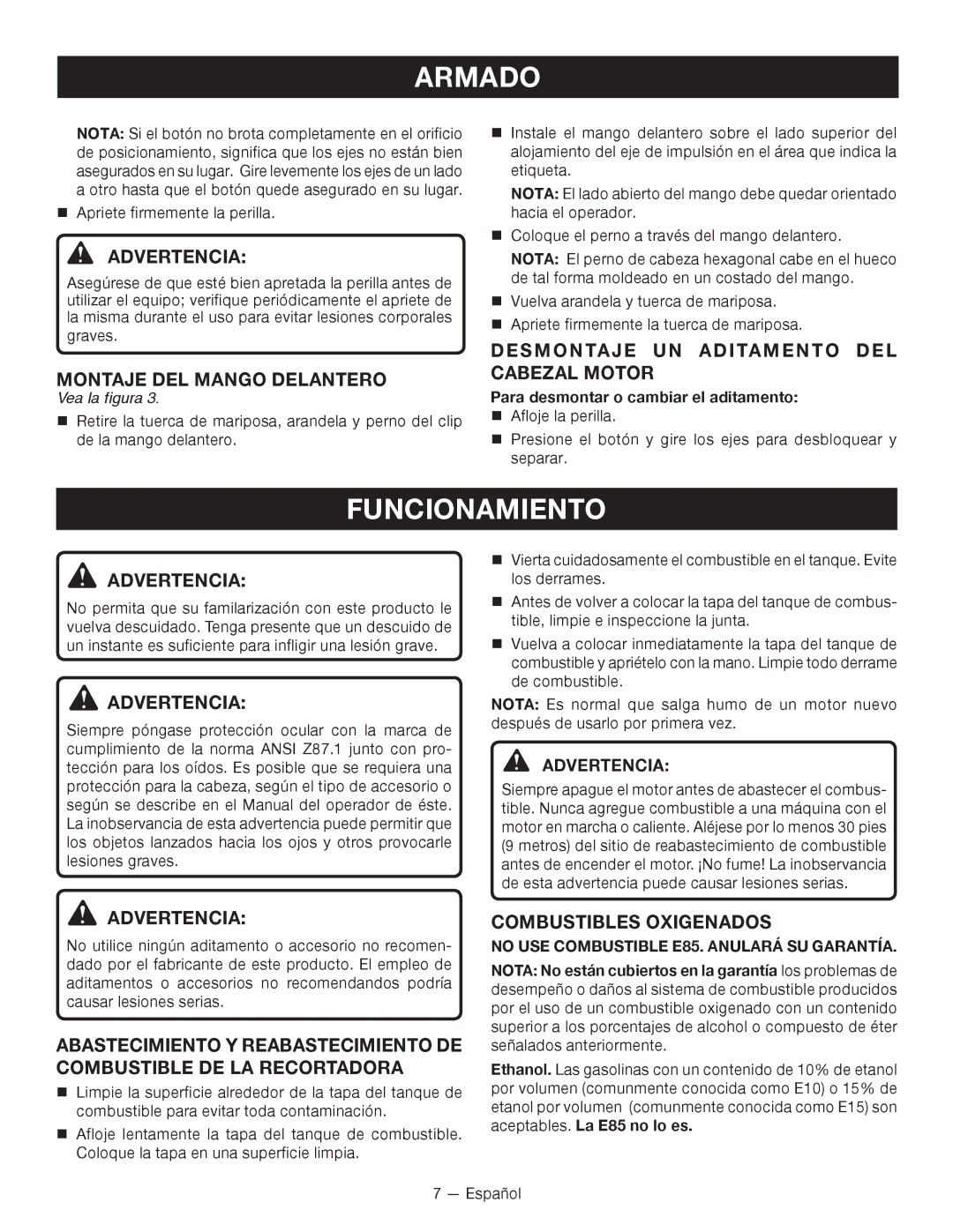 Ryobi RY34000 manuel dutilisation Funcionamiento, Montaje DEL Mango Delantero, Desmontaje UN Aditamento DEL Cabezal Motor 