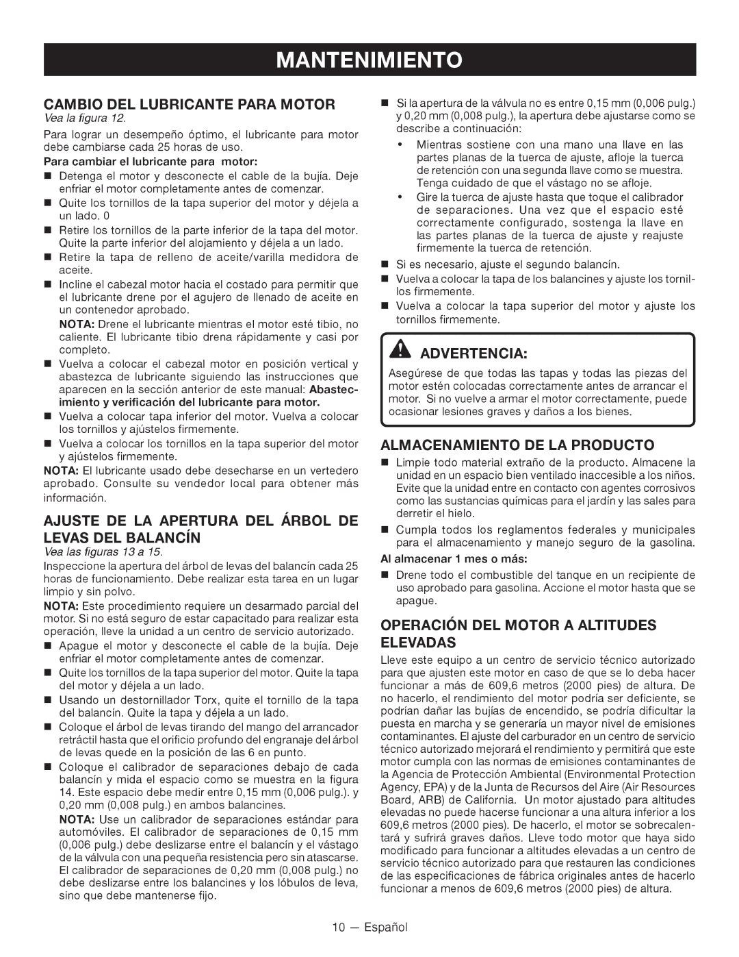 Ryobi RY34000 manuel dutilisation Cambio DEL Lubricante Para Motor, Ajuste DE LA Apertura DEL Árbol DE Levas DEL Balancín 